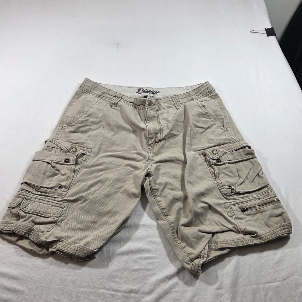 Plugg Cargo Shorts Men 32 Pockets Beige Casual Shorts
